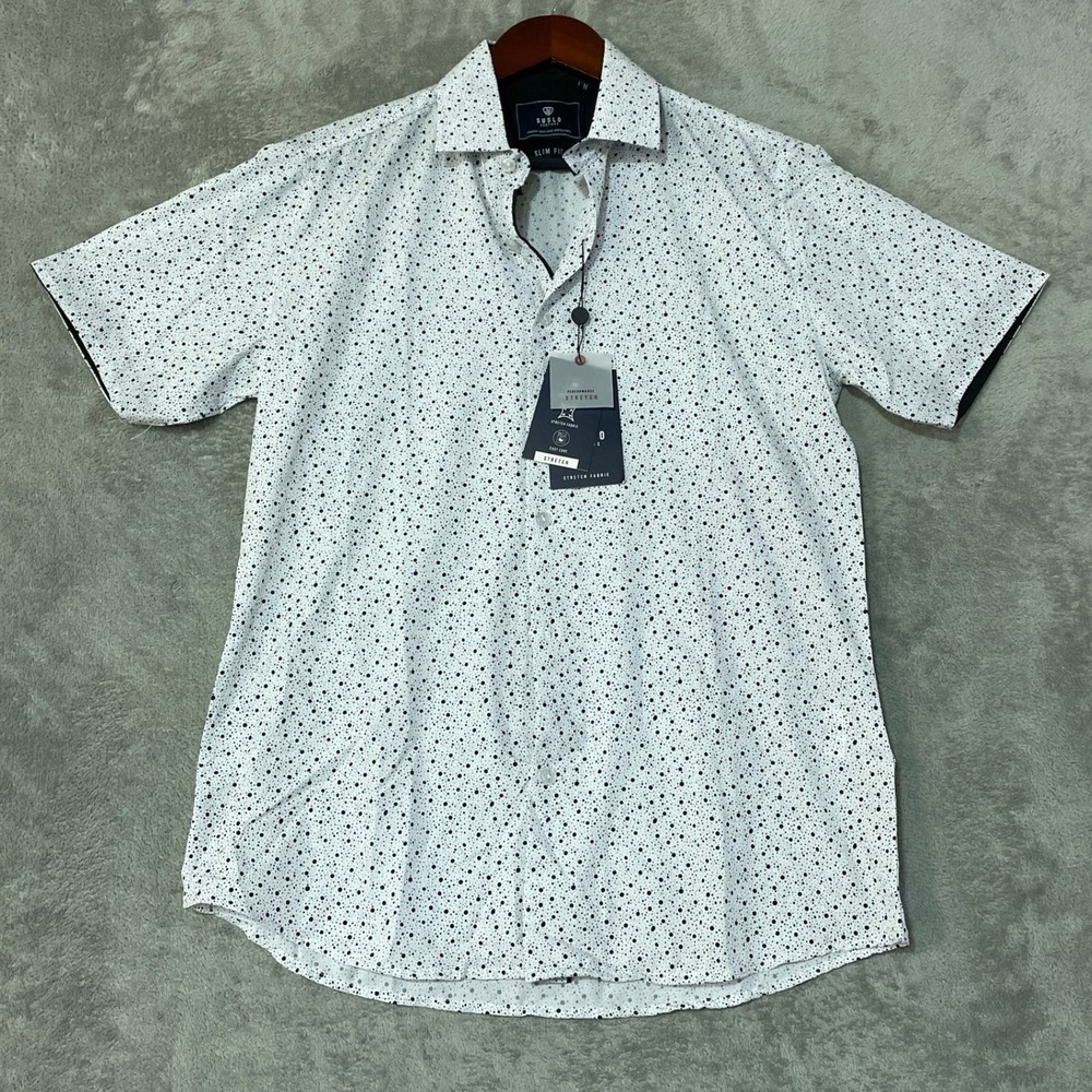 NWT Suslo Couture Shirt Men's M White Polka Poly Spandex Stretch Slim